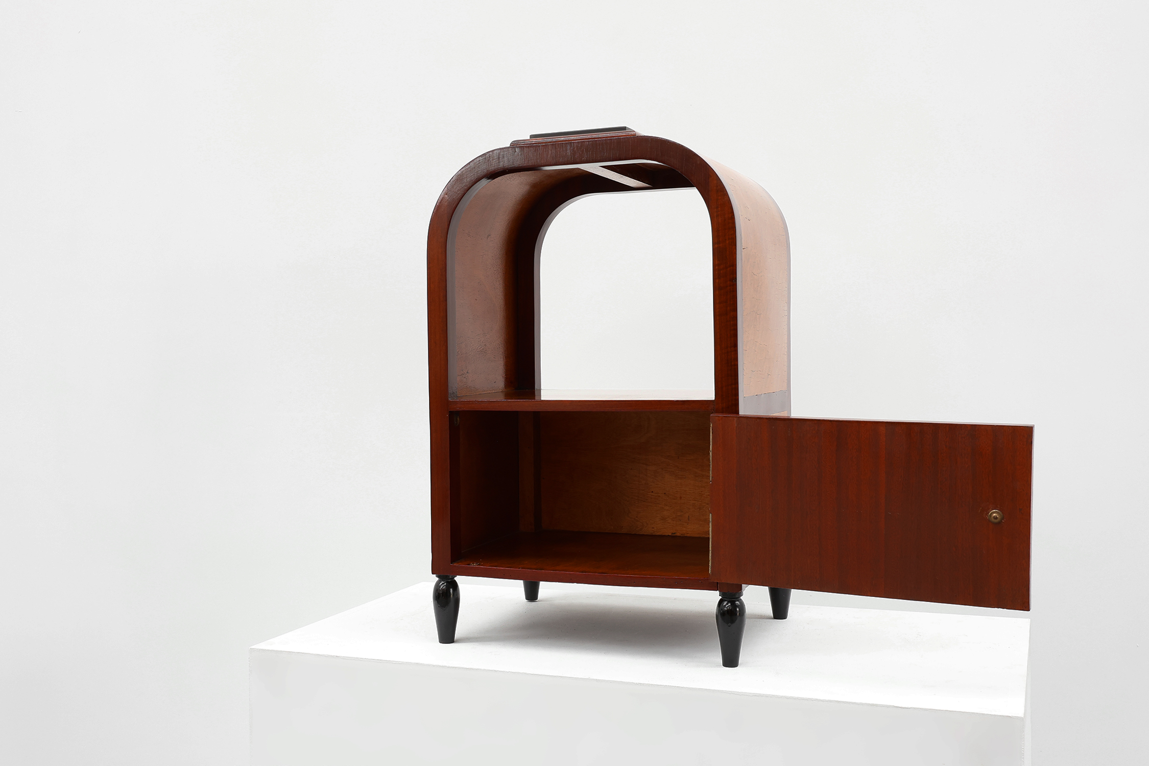 Arched Art Deco side table with storage unit and black marble top, France ca. 1920thumbnail